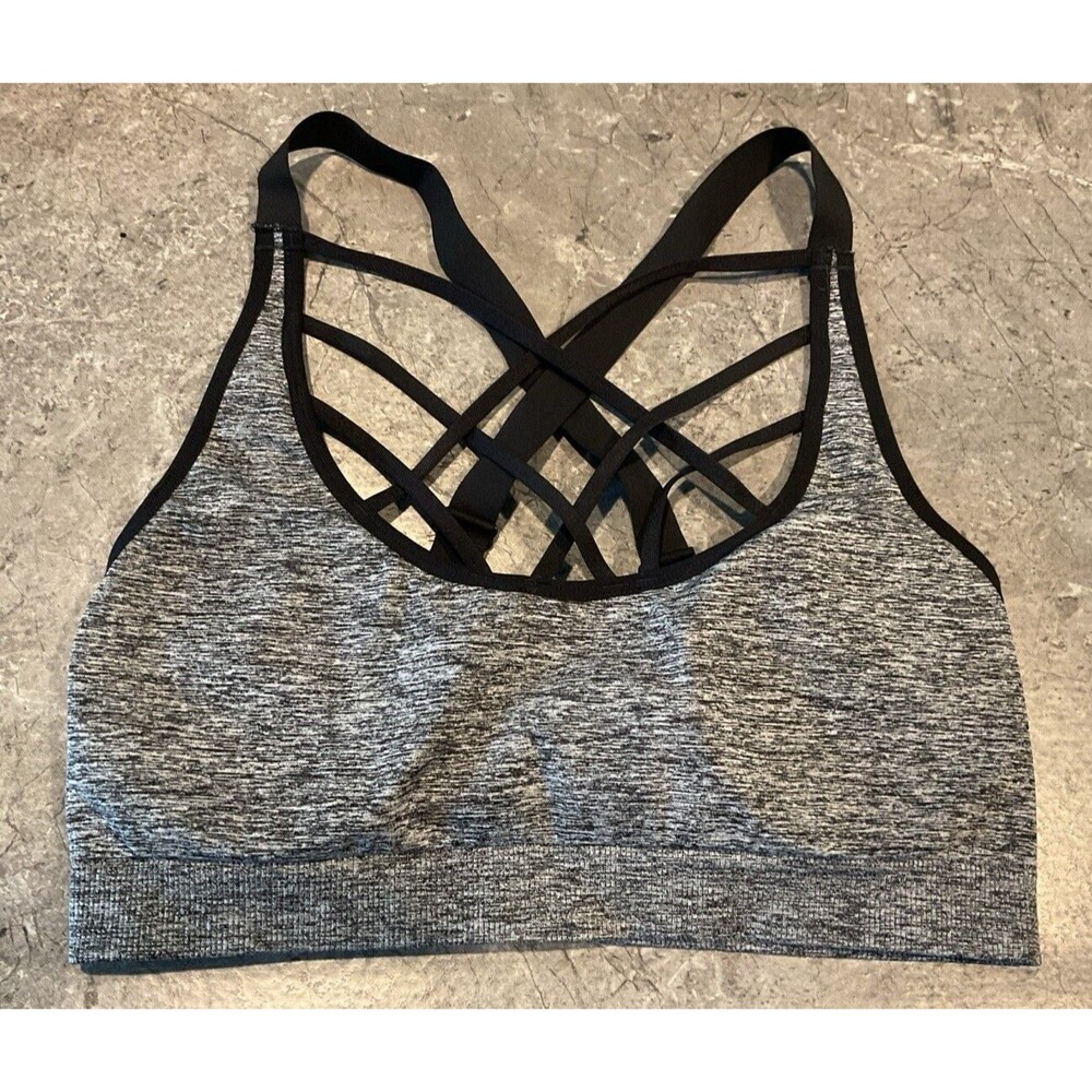 EUC Sexy Victoria Sport Strappy Heathered Black Sports Bra Wireless Size Large